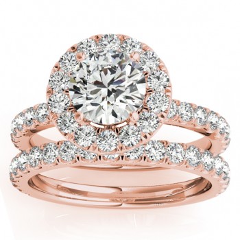 French Pave Halo Lab Grown Diamond Bridal Ring Set 14k Rose Gold (1.20ct)