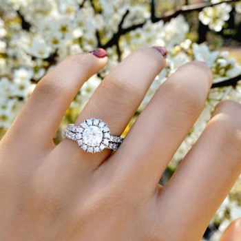 French Pave Halo Lab Grown Diamond Bridal Ring Set 14k White Gold (1.20ct)