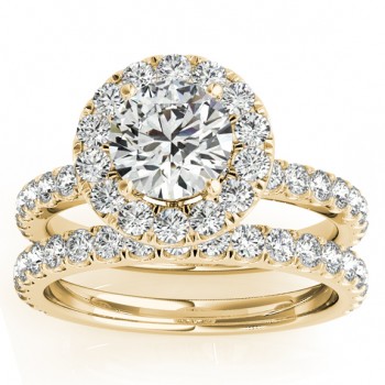 French Pave Halo Lab Grown Diamond Bridal Ring Set 14k Yellow Gold (1.20ct)