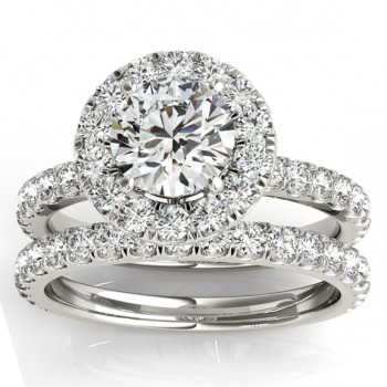 French Pave Halo Lab Grown Diamond Bridal Ring Set 18k White Gold (1.20ct)