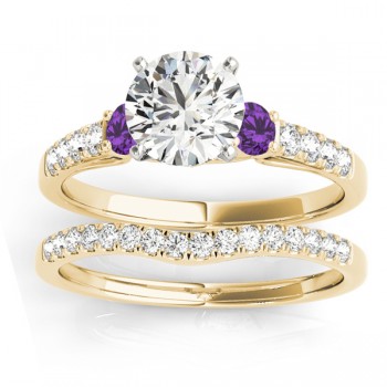 Diamond & Amethyst Three Stone Bridal Set Ring 14k Yellow Gold (0.55ct)