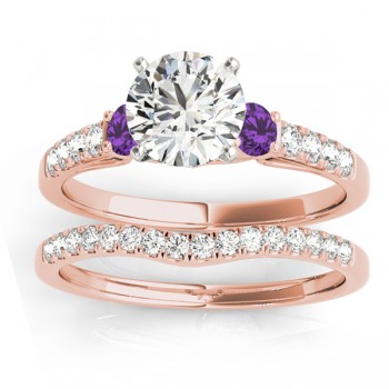 Diamond & Amethyst Three Stone Bridal Set Ring 18k Rose Gold (0.55ct)