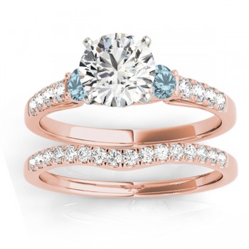 Diamond & Aquamarine Three Stone Bridal Set Ring 14k Rose Gold (0.55ct)