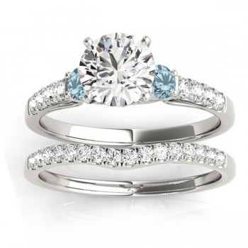 Diamond & Aquamarine Three Stone Bridal Set Ring 14k White Gold (0.55ct)