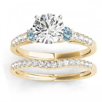 Diamond & Aquamarine Three Stone Bridal Set Ring 14k Yellow Gold (0.55ct)