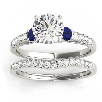 Diamond & Blue Sapphire Three Stone Bridal Set Ring 14k White Gold (0.55ct)