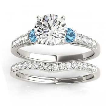 Diamond &  Blue Topaz Three Stone Bridal Set Ring 14k White Gold (0.55ct)