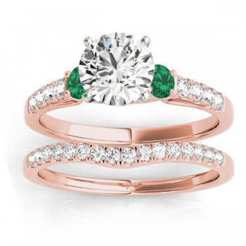 Diamond & Emerald Three Stone Bridal Set Ring 14k Rose Gold (0.55ct)