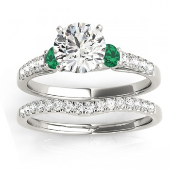 Diamond & Emerald Three Stone Bridal Set Ring 14k White Gold (0.55ct)