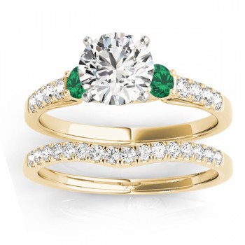 Diamond & Emerald Three Stone Bridal Set Ring 14k Yellow Gold (0.55ct)