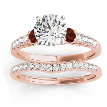 Diamond & Garnet Three Stone Bridal Set Ring 14k Rose Gold (0.55ct)