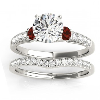 Diamond & Garnet Three Stone Bridal Set Ring 14k White Gold (0.55ct)