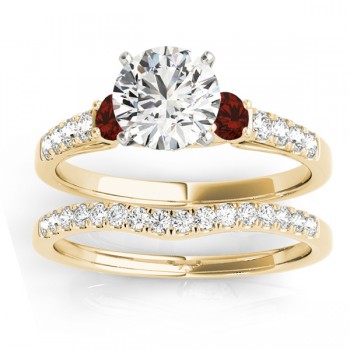 Diamond & Garnet Three Stone Bridal Set Ring 14k Yellow Gold (0.55ct)