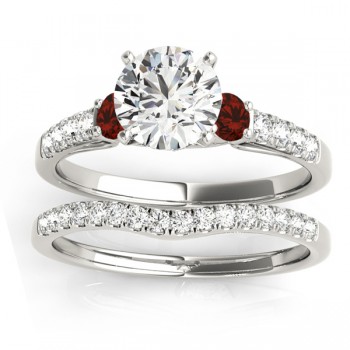 Diamond & Garnet Three Stone Bridal Set Ring Setting Platinum (0.55ct)