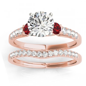 Diamond & Ruby Three Stone Bridal Set Ring 14k Rose Gold (0.55ct)