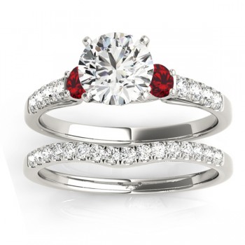 Diamond & Ruby Three Stone Bridal Set Ring 14k White Gold (0.55ct)