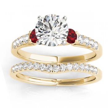 Diamond & Ruby Three Stone Bridal Set Ring 18k Yellow Gold (0.55ct)