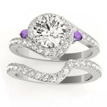 Halo Swirl Amethyst & Diamond Bridal Set 14k White Gold (0.77ct)