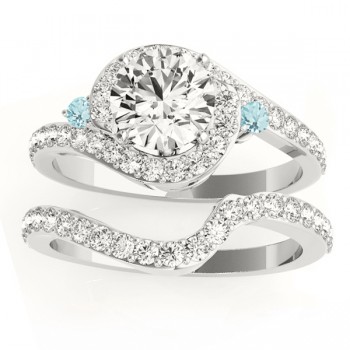 Halo Swirl Aquamarine & Diamond Bridal Set 14k White Gold (0.77ct)