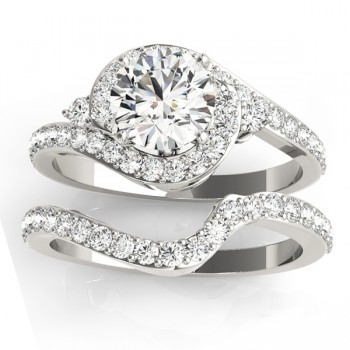 Diamond Halo Swirl Bridal Set Setting 14k White Gold (0.77ct)