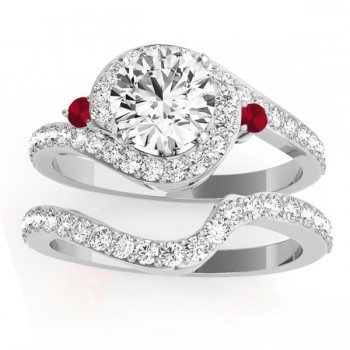 Halo Swirl Ruby & Diamond Bridal Set 18K White Gold (0.77ct)