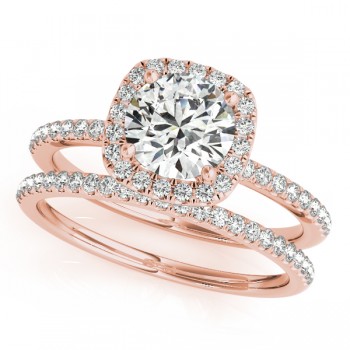 Square Halo Round Diamond Bridal Set Ring & Band 14k Rose Gold 1.13ct