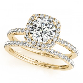 Square Halo Round Diamond Bridal Set Ring & Band 14k Yellow Gold 1.63ct