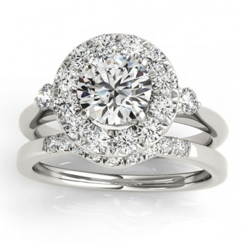 Circle Halo Diamond Bridal Set Ring & Band 14k White Gold 0.60ct