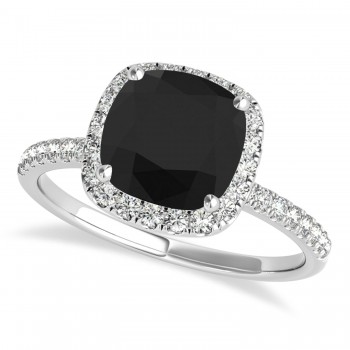 Cushion Black Diamond & Diamond Halo Engagement Ring French Pave Platinum 1.58ct