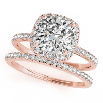 Cushion Lab Grown Diamond Halo Bridal Set French Pave 14k Rose Gold 2.14ct