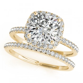 Cushion Lab Grown Diamond Halo Bridal Set French Pave 14k Yellow Gold 2.14ct