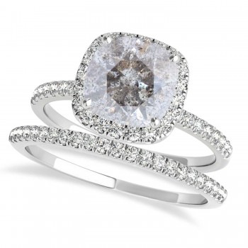 Cushion Salt & Pepper Diamond Halo Bridal Set French Pave Platinum 0.84ct