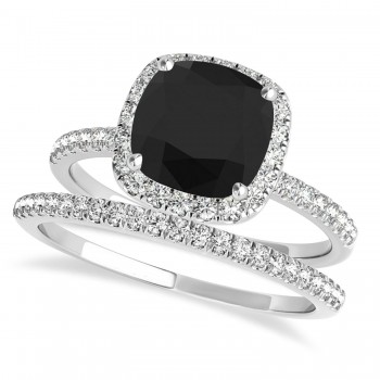 Cushion Black Diamond Halo Bridal Set French Pave 14k White Gold 0.84ct