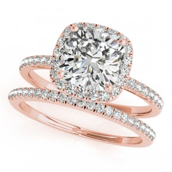 Cushion Moissanite & Diamond Halo Bridal Set French Pave 18k Rose Gold 2.14ct