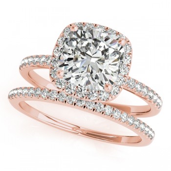 Cushion Moissanite & Diamond Halo Bridal Set French Pave 14k Rose Gold 0.84ct