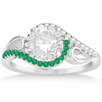 Swirl Bypass Halo Diamond Emerald Engagement Ring 14k White Gold 0.20ct