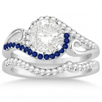 Swirl Bypass Diamond & Blue Sapphire Bridal Set 14k White Gold 0.36ct