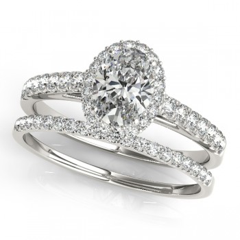 Diamond Accented Halo Oval Shaped Bridal Set Platinum (1.11ct)