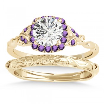 Amethyst Butterfly Halo Bridal Set 14k Yellow Gold (0.14ct)