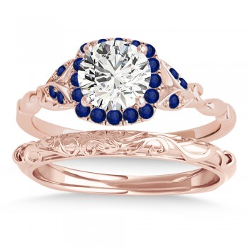 Blue Sapphire Butterfly Halo Bridal Set 18k Rose Gold (0.14ct)