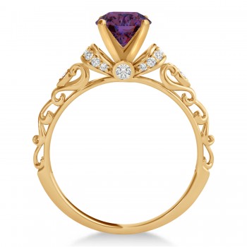 Lab Alexandrite & Diamond Antique Style Engagement Ring 18k Rose Gold (1.12ct)