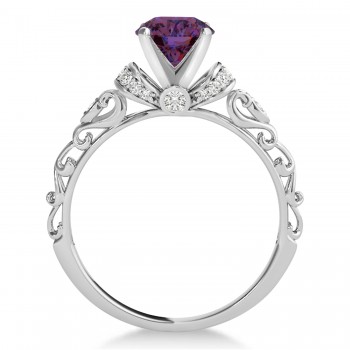 Lab Alexandrite & Diamond Antique Style Engagement Ring 18k White Gold (1.12ct)