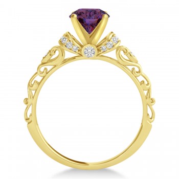 Lab Aleandrite & Diamond Antique Engagement Ring 14k Yellow Gold 1.62ct