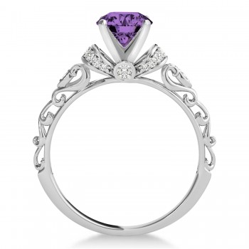 Amethyst & Diamond Antique Style Engagement Ring 14k White Gold (0.87ct)