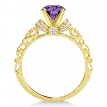 Amethyst & Diamond Antique Style Engagement Ring 14k Yellow Gold .87ct