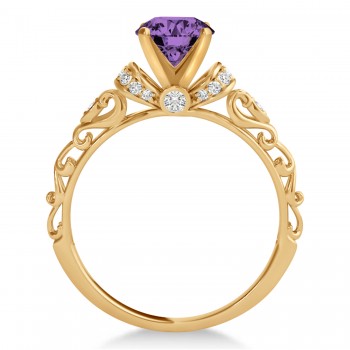 Amethyst & Diamond Antique Style Engagement Ring 14k Rose Gold (1.12ct)