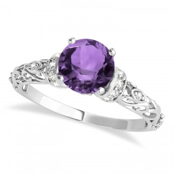 Amethyst & Diamond Antique Style Engagement Ring 14k White Gold (1.12ct)