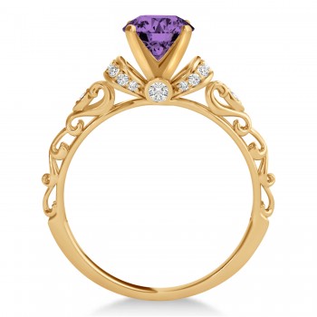 Amethyst & Diamond Antique Style Engagement Ring 14k Rose Gold (1.62ct)