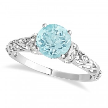 Aquamarine & Diamond Antique Style Engagement Ring 18k White Gold (0.87ct)