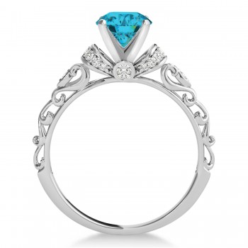Blue Diamond & Diamond Antique Style Engagement Ring 18k White Gold (0.87ct)